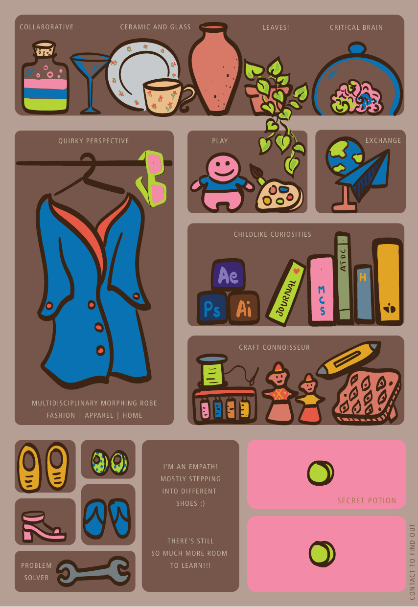 Yashica's own illustrated CV: a wall of shelves holding a blue morphing robe, painted shoes, books, a wrench, pots and plants, with the words I'm an empath, mostly stepping into different shoes.