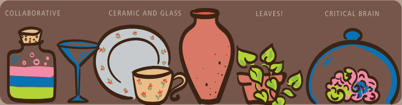 A hand-drawn shelf of things: a striped bottle, a blue glass, a plate and a cup, a clay vase, a trailing money plant, a glass cloche over a coral shape.