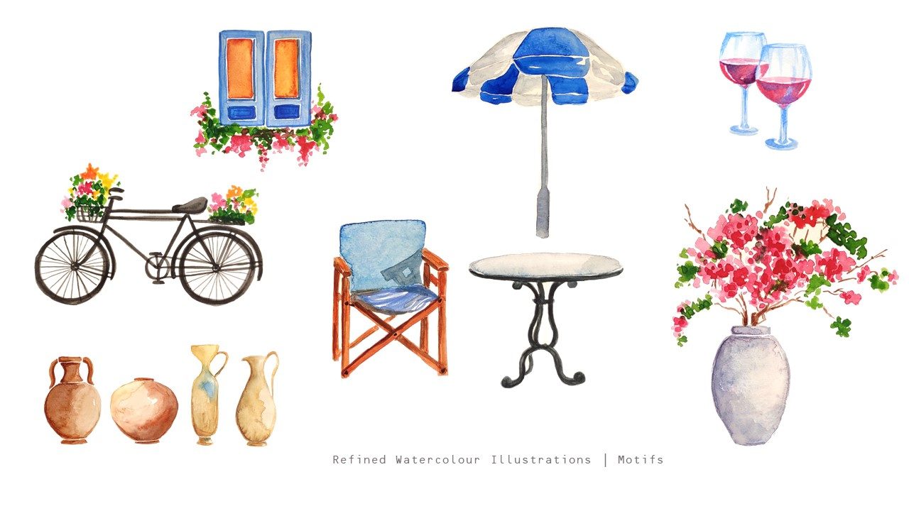Illustrated elements: a bicycle with flowers, a parasol, a deck chair, a cafe table, glasses, vases and a bougainvillea bouquet