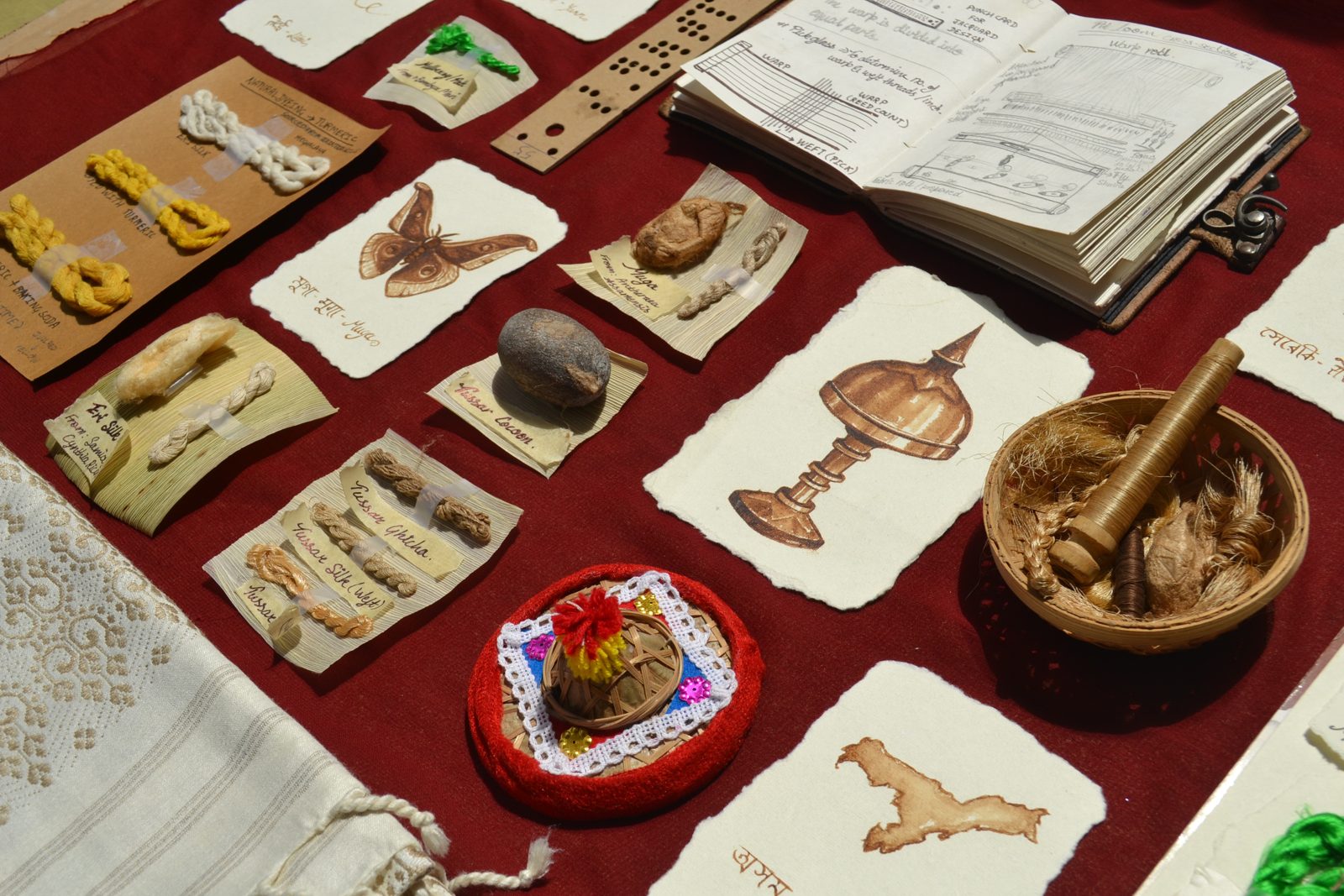 Small cloth swatches and dried plant samples laid out on a red cloth