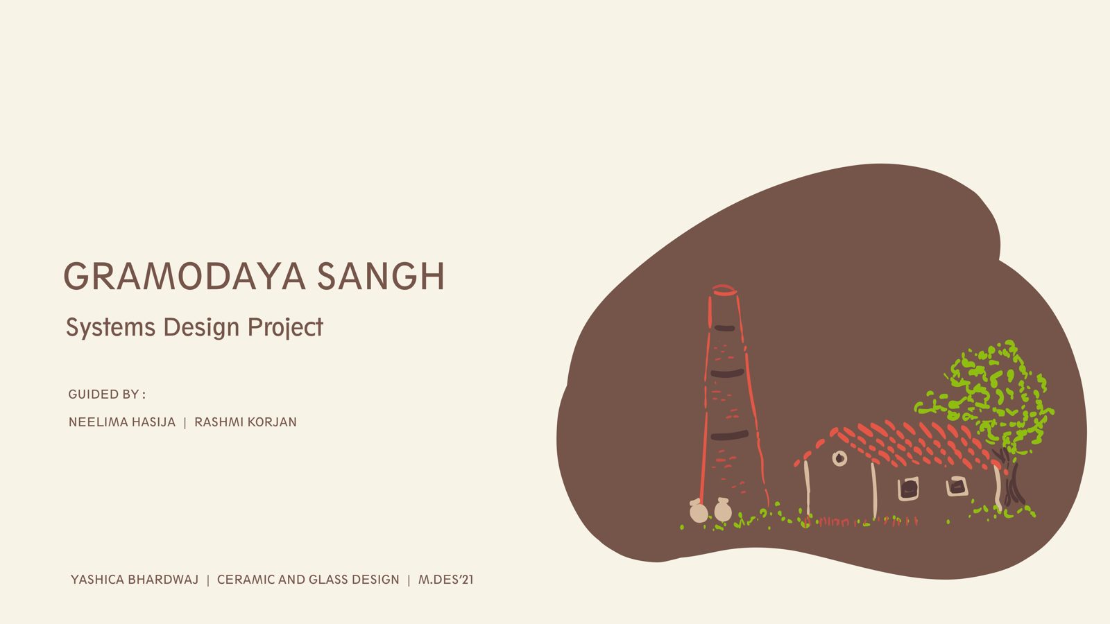 A cover page in warm brown with an illustrated village and the title Gramodaya Sangh