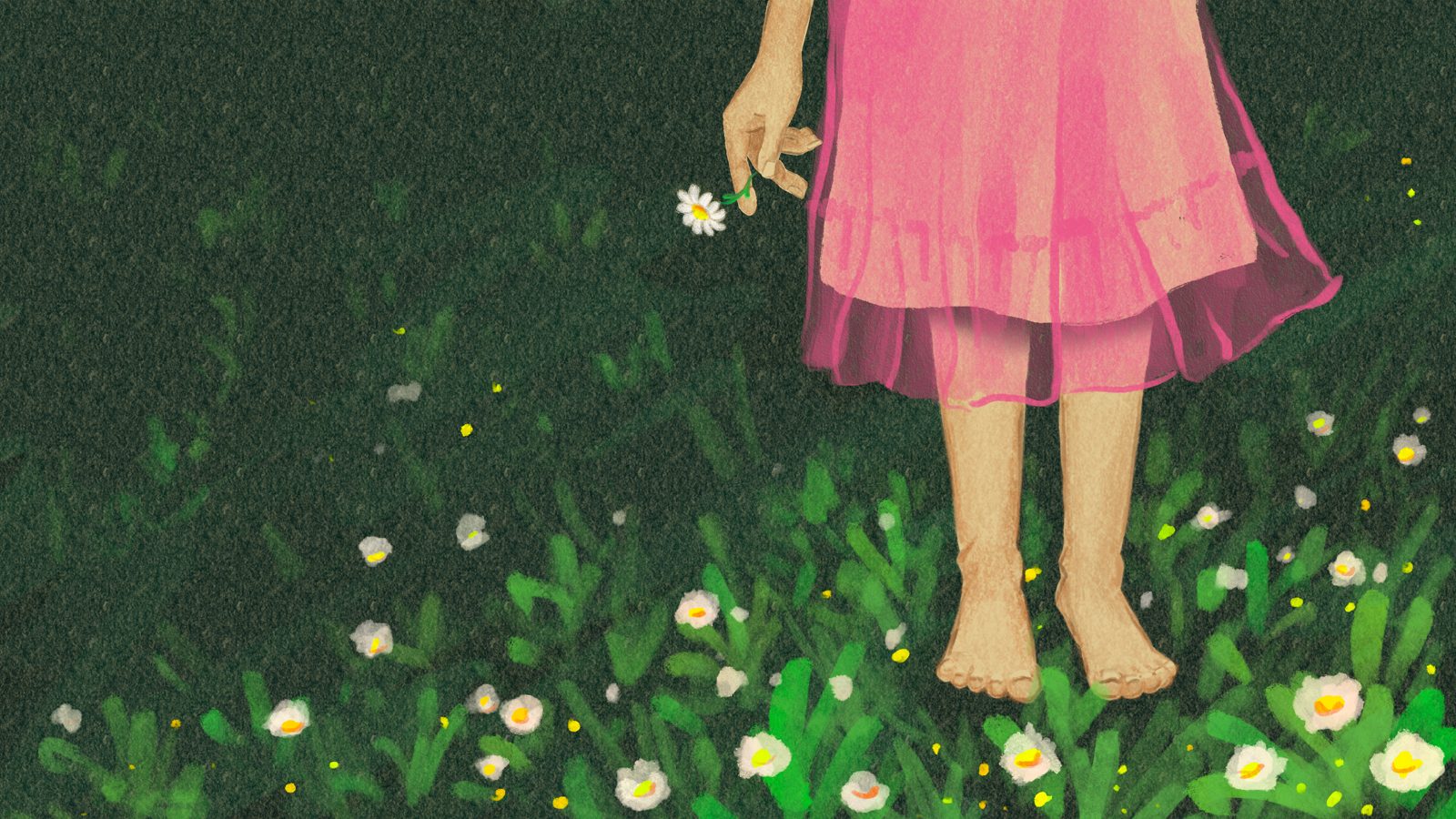 A painted frame of a girl in a pink dress standing barefoot in a meadow