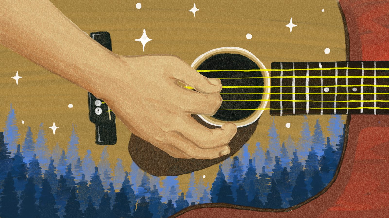 A painted frame of a hand on an acoustic guitar against pine trees and a night sky