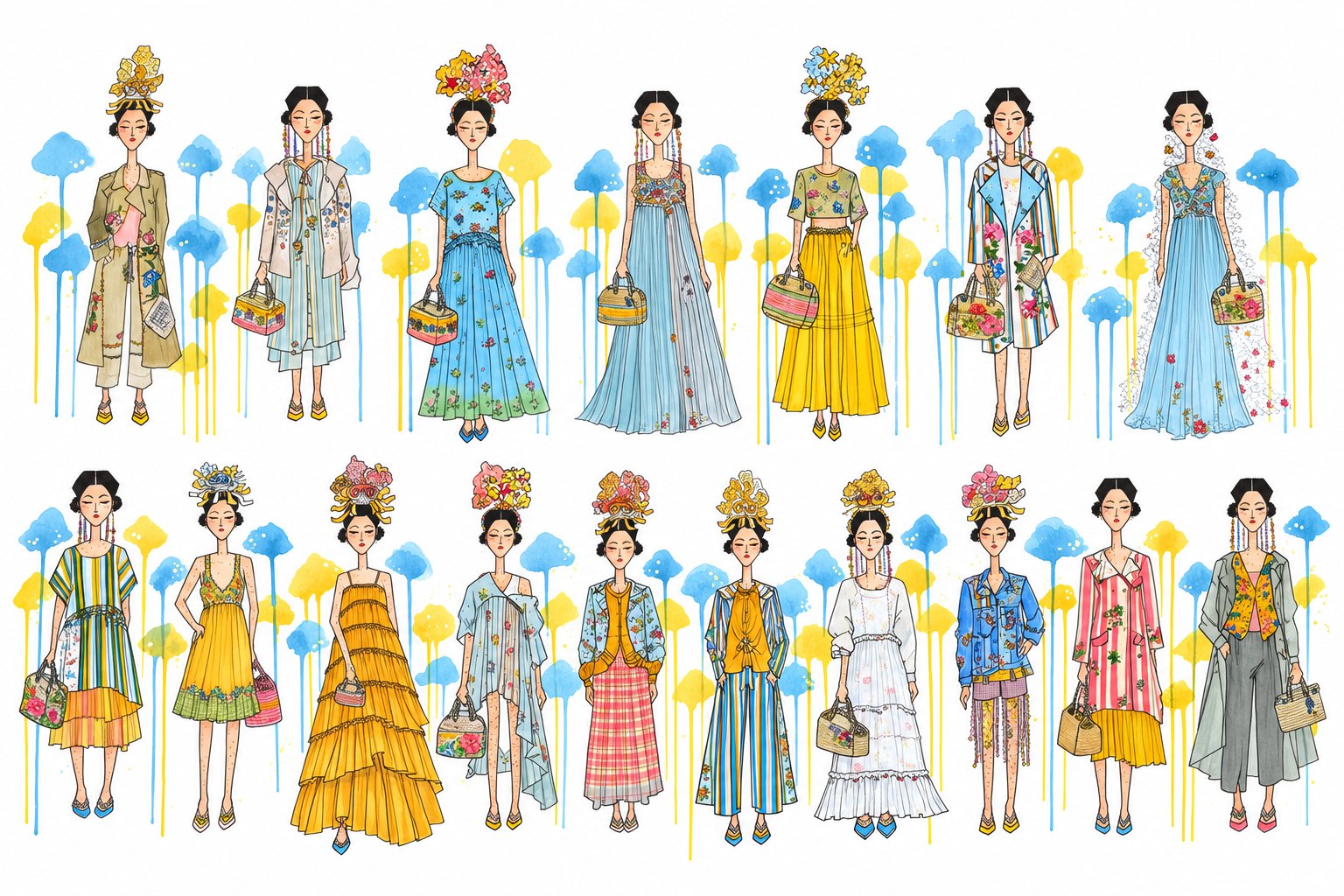 A line-up of seventeen illustrated figures in floral, striped and checked clothes, each carrying a woven basket bag, against blue and yellow paint drips