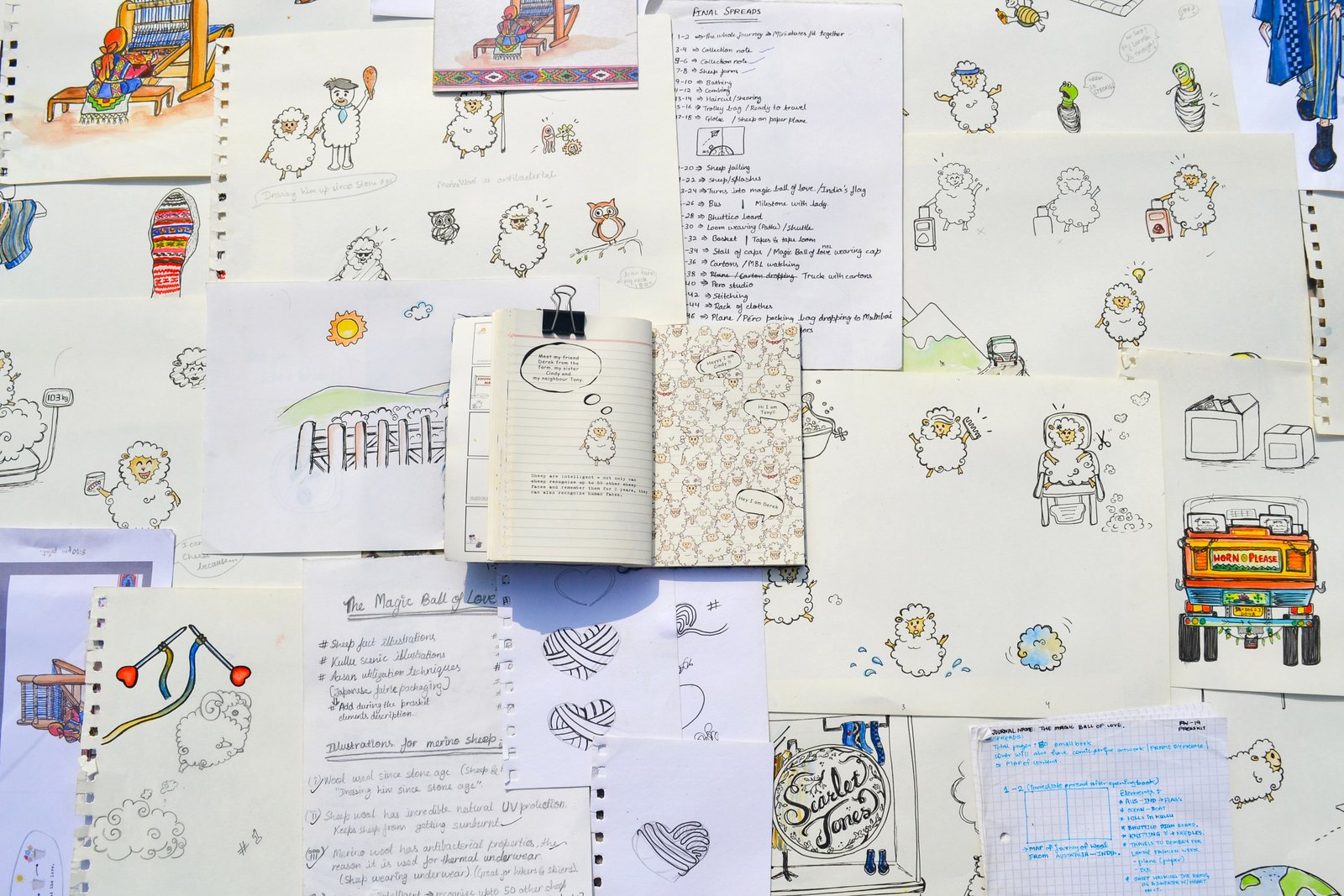 Sketchbook pages and final spreads spread out together: watercolour sheep, a loom, a jeep, balls of wool and a page titled The Magic Ball of Love