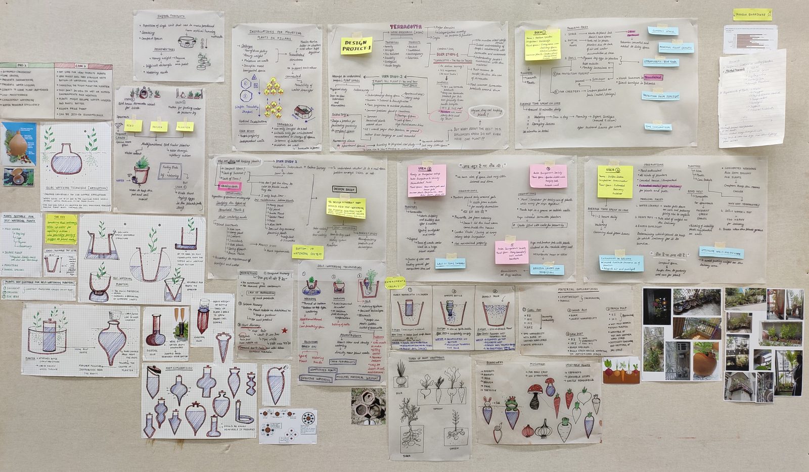 A wall of research sheets, sketches and sticky notes for the Plant It project