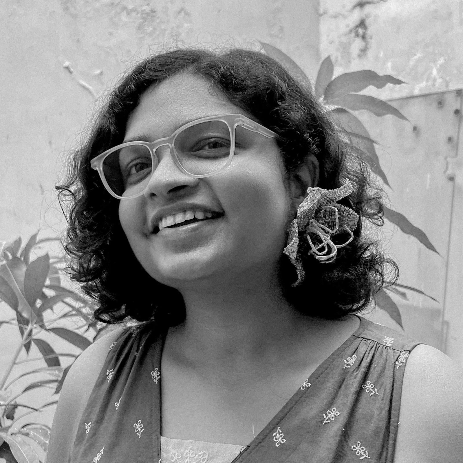 Yashica, smiling, in black and white