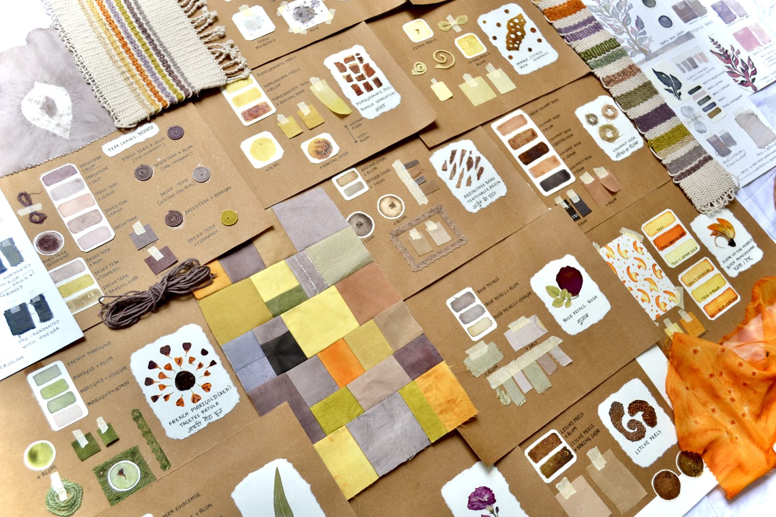 A grid of small textile and paper samples in browns, ochres and off-whites